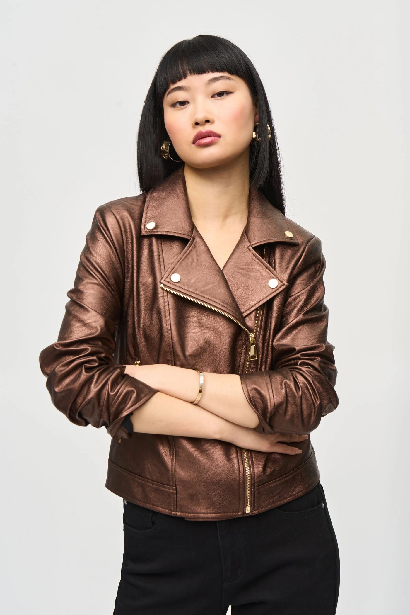 Faux leather biker jacket in bronze