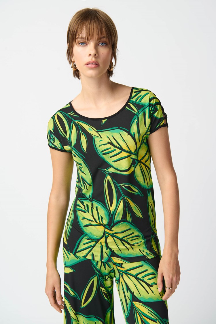 Leaf print silky knit top