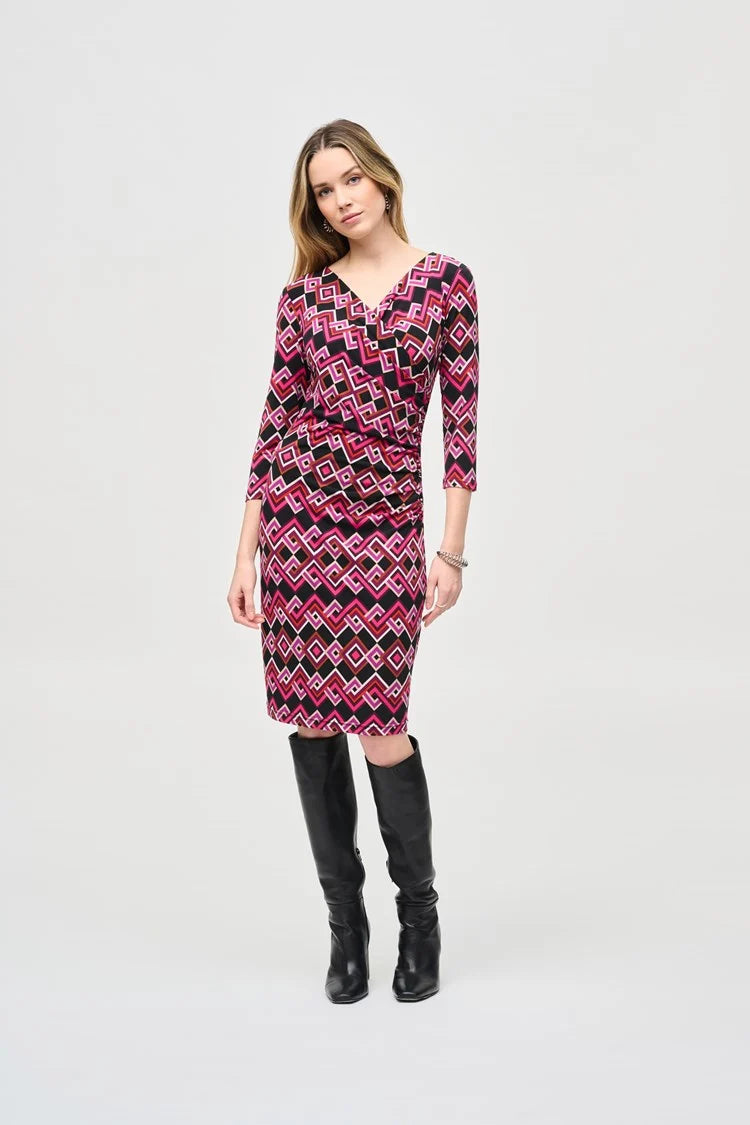 Silky knit geometric print wrap dress