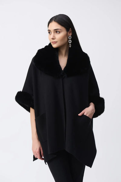 Brushed jacquard and faux fur cape in black