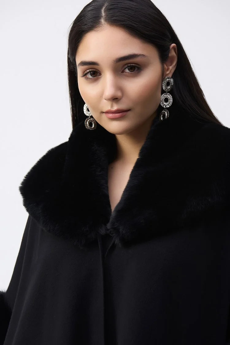 Brushed jacquard and faux fur cape in black