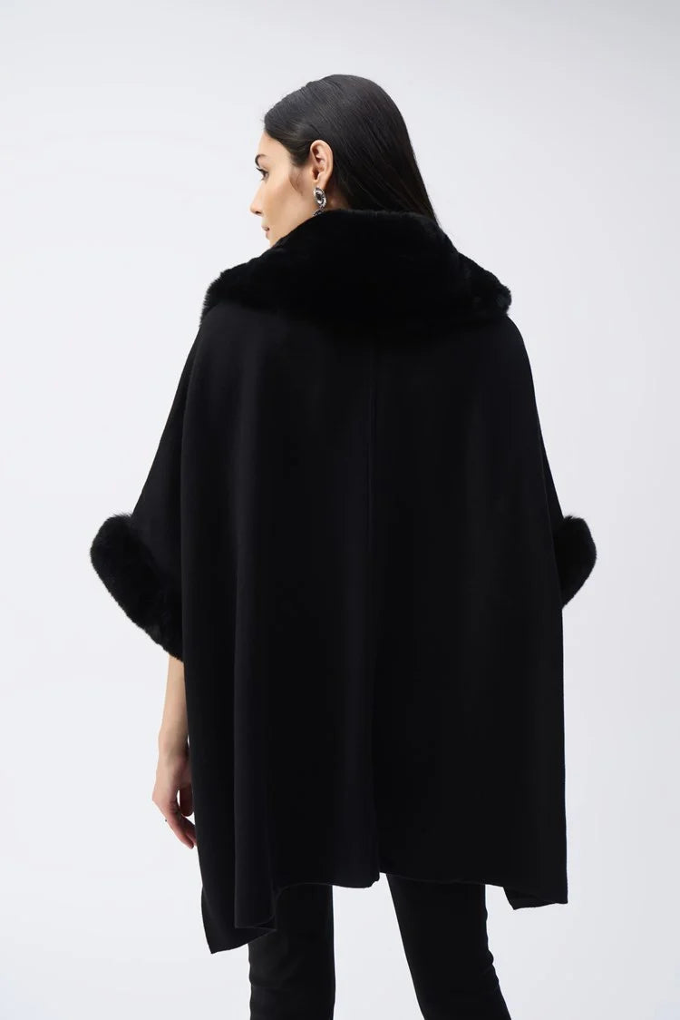 Brushed jacquard and faux fur cape in black