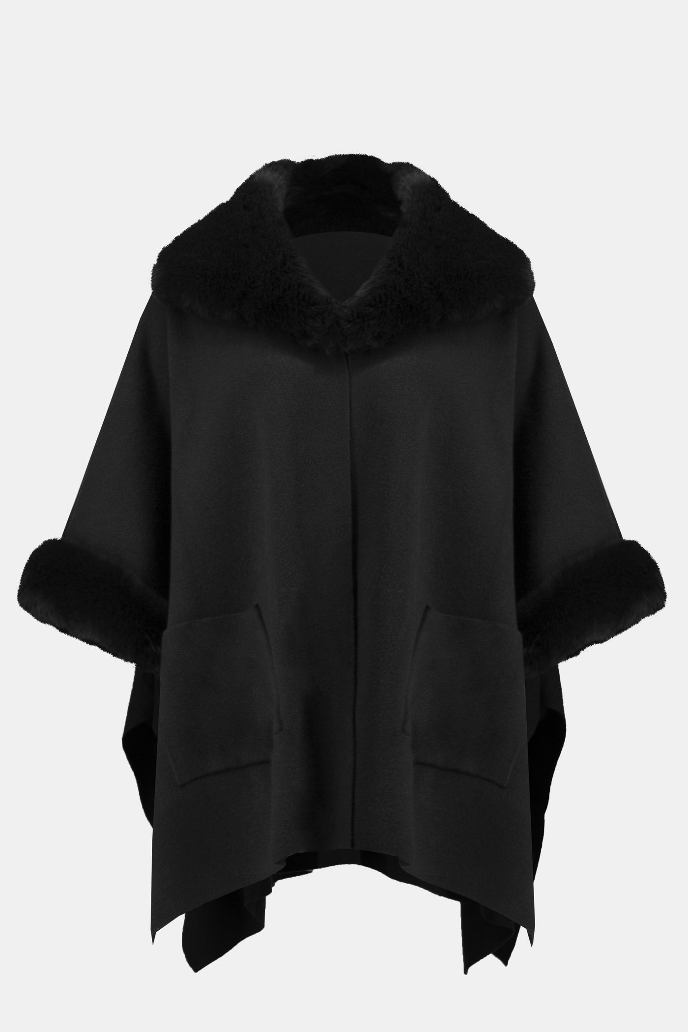 Brushed jacquard and faux fur cape in black