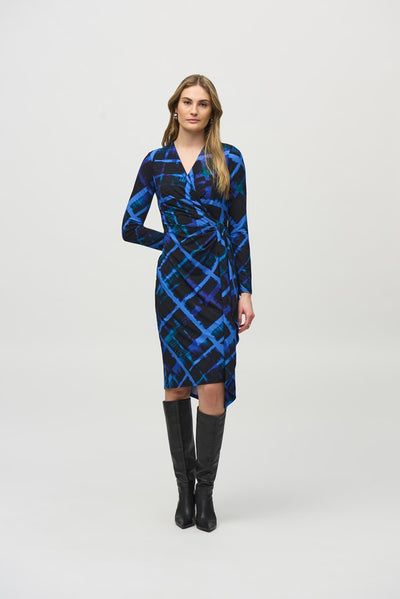 Silky knit abstract print wrap dress