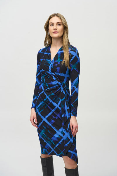 Silky knit abstract print wrap dress