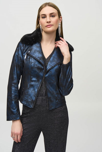 Foiled faux suede jacket with faux fur collar