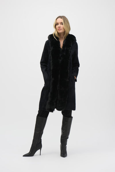 Sweater knit and faux fur hooded coat