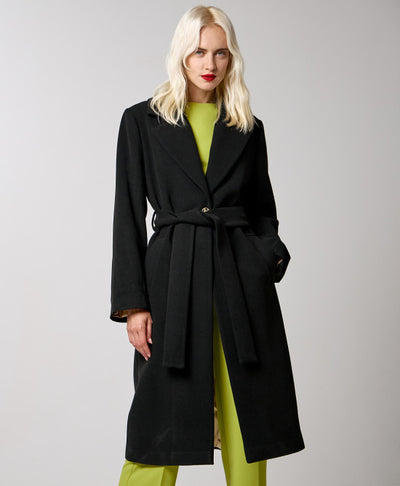 Black coat with monogram button and belt