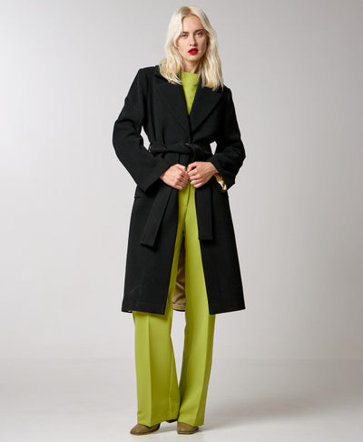 Black coat with monogram button and belt