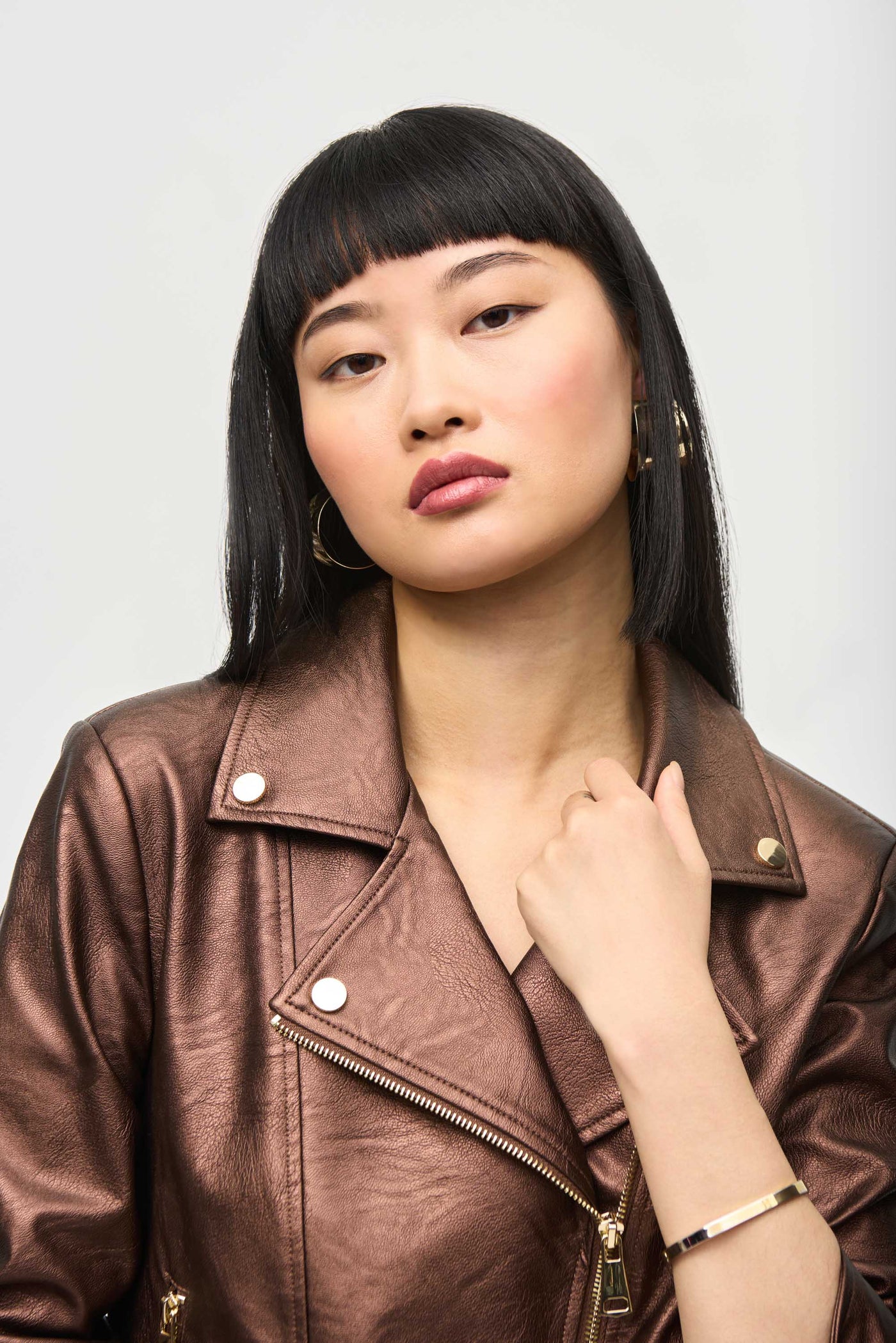 Faux leather biker jacket in bronze