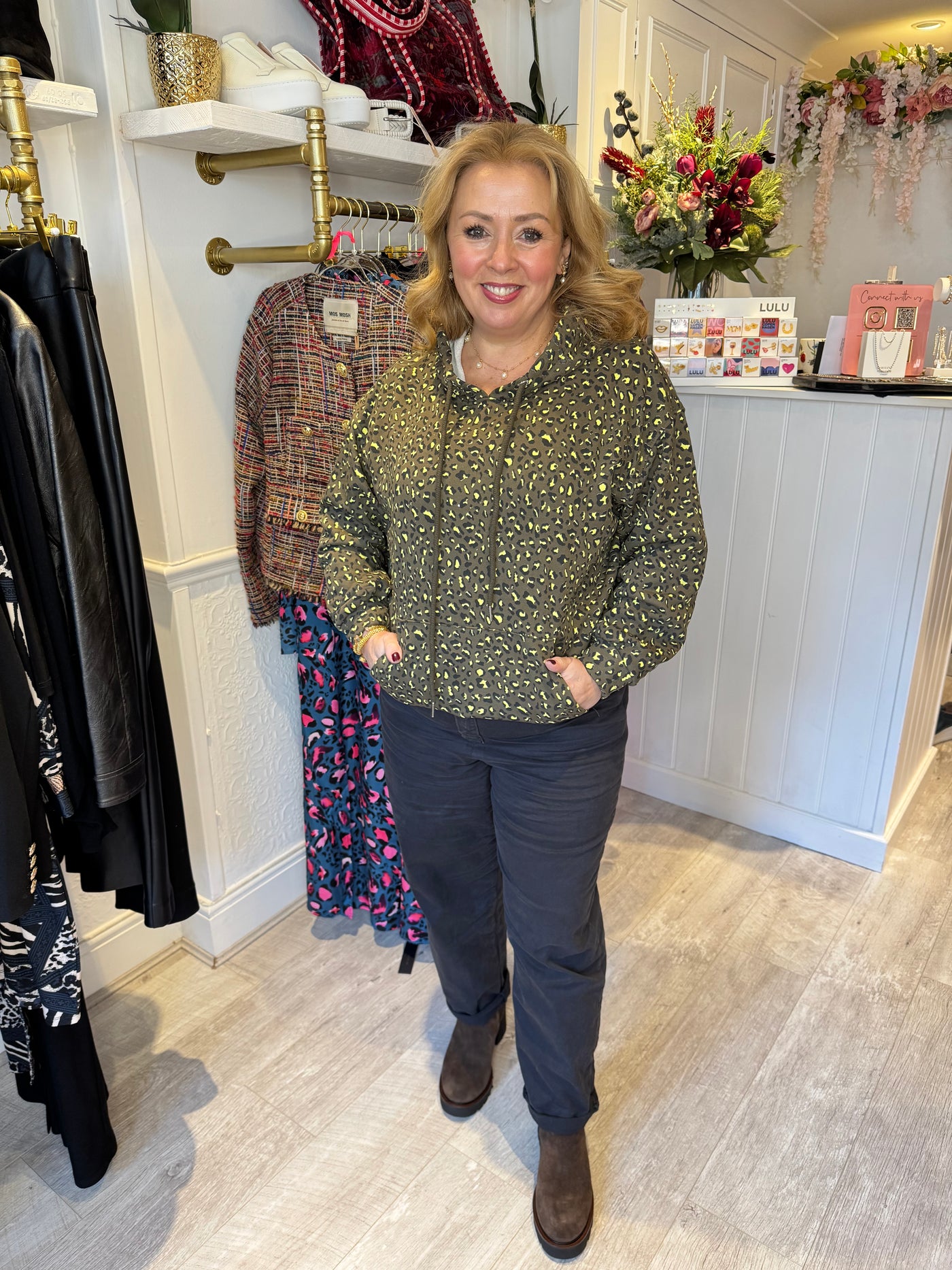 Khaki and neon yellow leopard hoodie